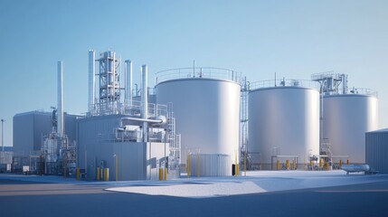 Fototapeta premium Modern industrial plant with large storage tanks and processing equipment under a clear sky.
