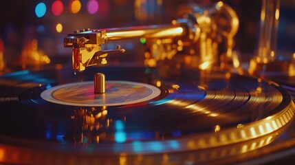 Close-up of turntable needle on vinyl record playing at a party with colorful lights.