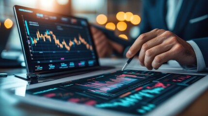 Close-up of businessman analyzing financial data on tablet and laptop.