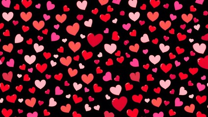 A seamless pattern of multiple red and pink hearts on a black background
