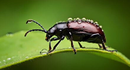 Beetle on a Vibrant Green Leaf, Leaves, Rain Drop Dew Water, Insect Bug Nature Wildlife Image