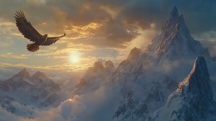 Fototapeta premium Majestic eagle soars over snow-capped mountains at sunset.