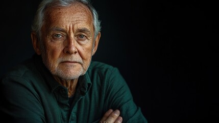 Obraz premium Portrait of a serious, elderly man with arms crossed against a dark background.