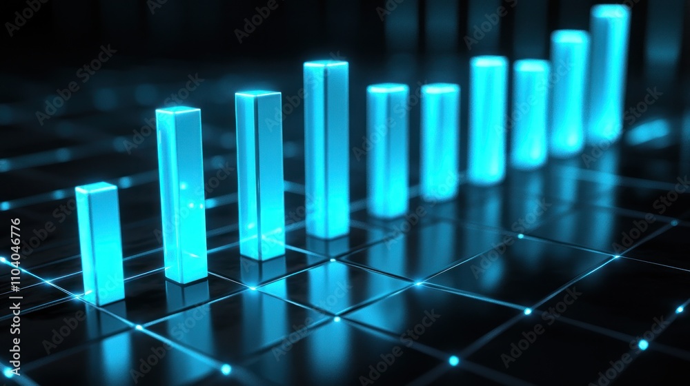 Poster 3d bar graph with glowing elements on a grid background.