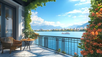Fototapeta premium Cozy balcony with a wicker chair and table overlooks a scenic blue lake and distant mountains on a sunny day.