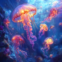 Obraz premium Mesmerizing Bioluminescent Jellyfish Swarm in Ethereal Underwater Realm
