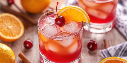 Spiced cranberry whiskey sour with whiskey, lemon juice, and cranberry syrup, garnished with a cherry and orange slice