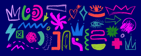 Colorful abstract shape doodle collection. Funny geometric collage shapes. Modern element set in hand drawn style. Creative decoration clipart bundle on isolated background.