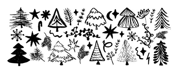 Collection of hand drawn Christmas trees. Festive background. Abstract doodle wood pattern. Vector illustration in flat style.