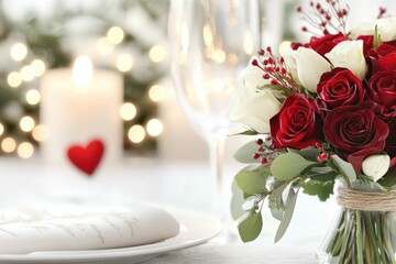 Obraz premium Rose bouquet in a romantic candle light setting table. ai generated