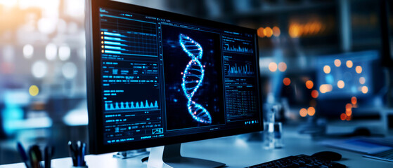 DNA helix monitors display. Dark control room with a central monitor displaying a vivid DNA helix, surrounded by data charts and research tools