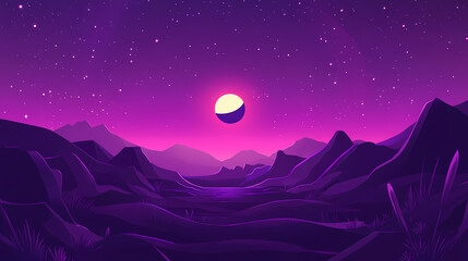 Fototapeta premium Purple starry landscape with a solar eclipse happening at the horizon, deep space, cosmic scene, landscape. Cosmic. Illustration