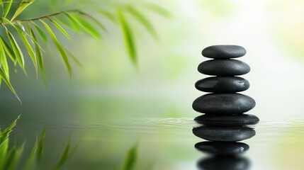 Obraz premium Stacked zen stones on calm water, reflected with bamboo leaves.