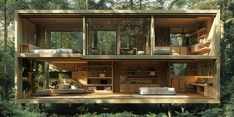 Fototapeta premium Modern wood cabin nestled in a lush forest surrounded by greenery and natural beauty