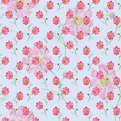 Floral Seamless watercolor pattern with pink cosmos flowers on white background. Plant design for textiles, wallpapers, cards and packaging. 