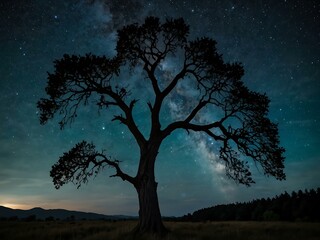 A tree reaching for the stars in a starry night sky.