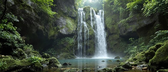Fototapeta premium Distorted image of a waterfall amidst dense foliage with moss and lichen growing on the rocks, foliage, lichen