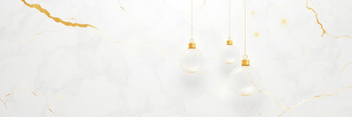 This elegant Christmas background features two white ornaments hanging from gold strings, adorned...