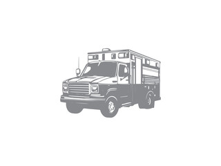 A black and white silhouette of a ambulance icon. Black ambulance icon on white background.