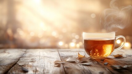 Obraz premium Hot tea in glass cup on wooden table with autumn leaves and warm bokeh background.