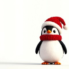 Fototapeta premium Penguin in Christmas hat and scarf, white background