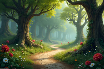 Magical Stone Path through Sun-Dappled Forest with Blooming Wildflowers