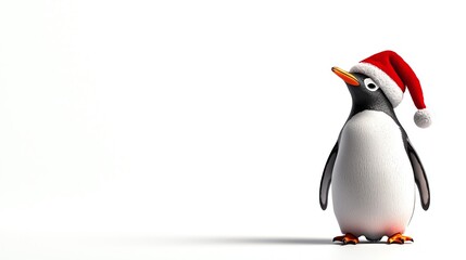 Fototapeta premium Penguin wearing Santa hat, white isolate background
