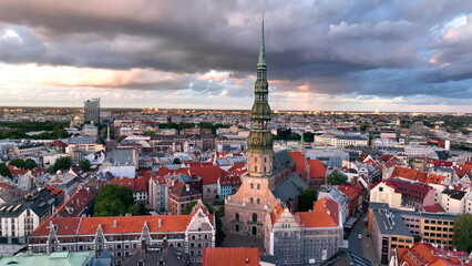Aerial view of the Riga Old Town at sunset in Latvia.