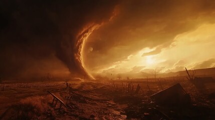 Fiery sunset illuminates a massive dust devil swirling over a desolate, damaged landscape.