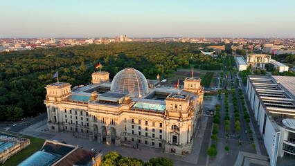 Aerial view of famous places landmarks Reichstag. City of Berlin, Germany architectural from above.