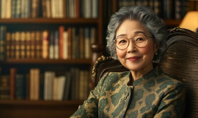Elegant Senior Woman in Home Library Setting with Glasses