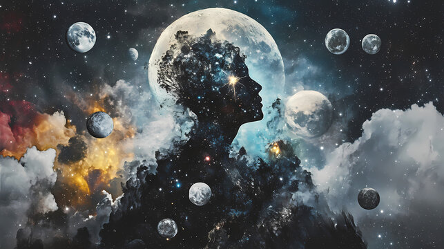 A celestial figure amidst moons and stars, embodying cosmic beauty. Cosmic. Illustration
