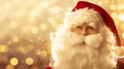 Santa Claus, wearing a red suit and hat, with a white beard and mustache, is smiling. Golden lights are in the background.