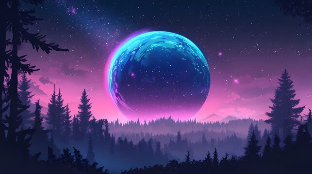 A cosmic phenomenon unfolds with a vibrant blue and purple planet looming over a peaceful forest landscape. Cosmic. Illustration