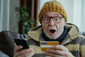 Senior man shock while looking at smartphone.
