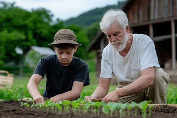 Fototapeta premium Generations United: Grandfather and Grandson Cultivating a Sustainable Future in Organic Farming