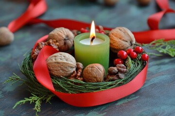 Adventskranz - 4. Advent. Traditional Christmas Wreath with Candles and Nuts