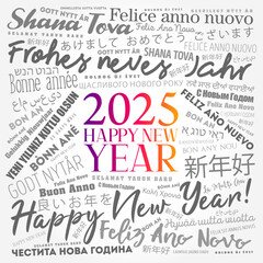 2025 Happy New Year in different languages, celebration word cloud greeting card