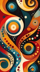 Fototapeta premium A vibrant abstract design featuring swirling patterns and circular shapes in bold colors of red, orange, blue, and cream.