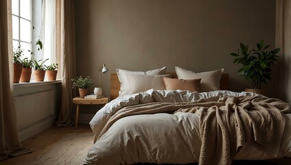 A warm, minimalist bedroom with soft textiles and natural decor.