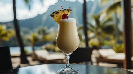Obraz premium Creamy Pina Colada cocktail garnished with pineapple and cherry on a tropical beach setting.