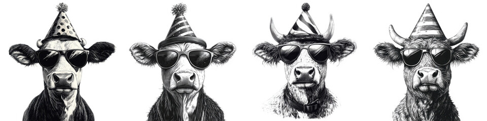 Four stylized cow illustrations wear party hats and sunglasses, exuding a fun and quirky vibe.