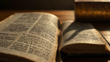 Fototapeta premium A well-worn Bible opened to a bookmarked page, with soft light filtering through.