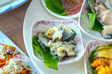 Korean seafood. fresh abalone sashimi