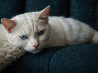 Obraz premium A white cat with blue eyes sleeping on a dark blue couch.