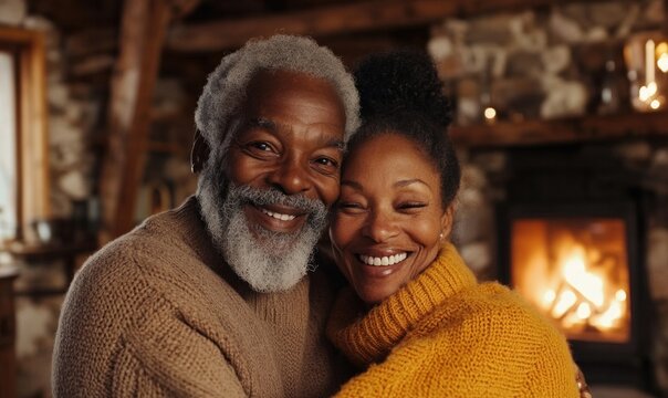 Cozy Couple by Fireplace in Rustic Log Cabin