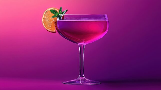 Vibrant purple cocktail in coupe glass, garnished with orange and sprig.