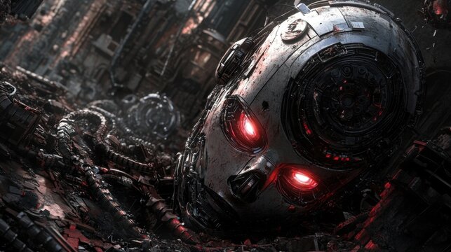 Futuristic Robot Head with Glowing Eyes in Cyberpunk Environment