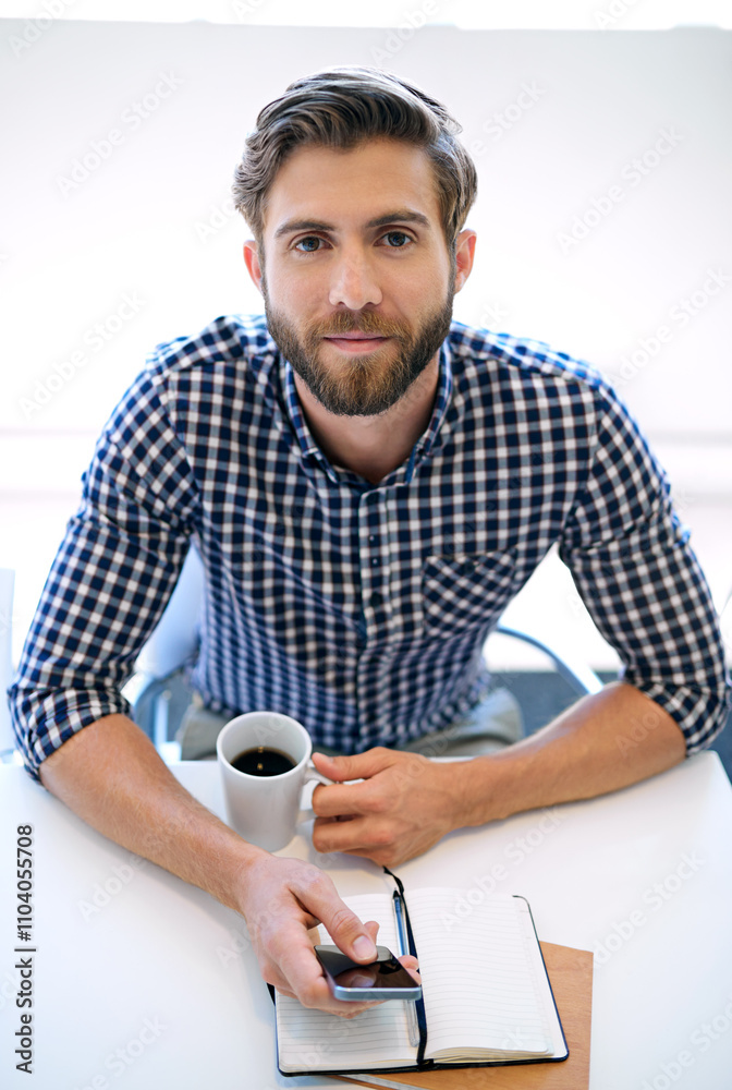 Poster Portrait, businessman and smartphone with notebook at office for email notification, social media and post on break. Above, male person and text message with coffee for communication and networking