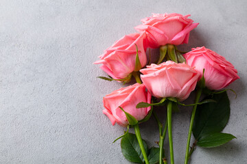 Rose flowers on grey background. Copy space. Top view.